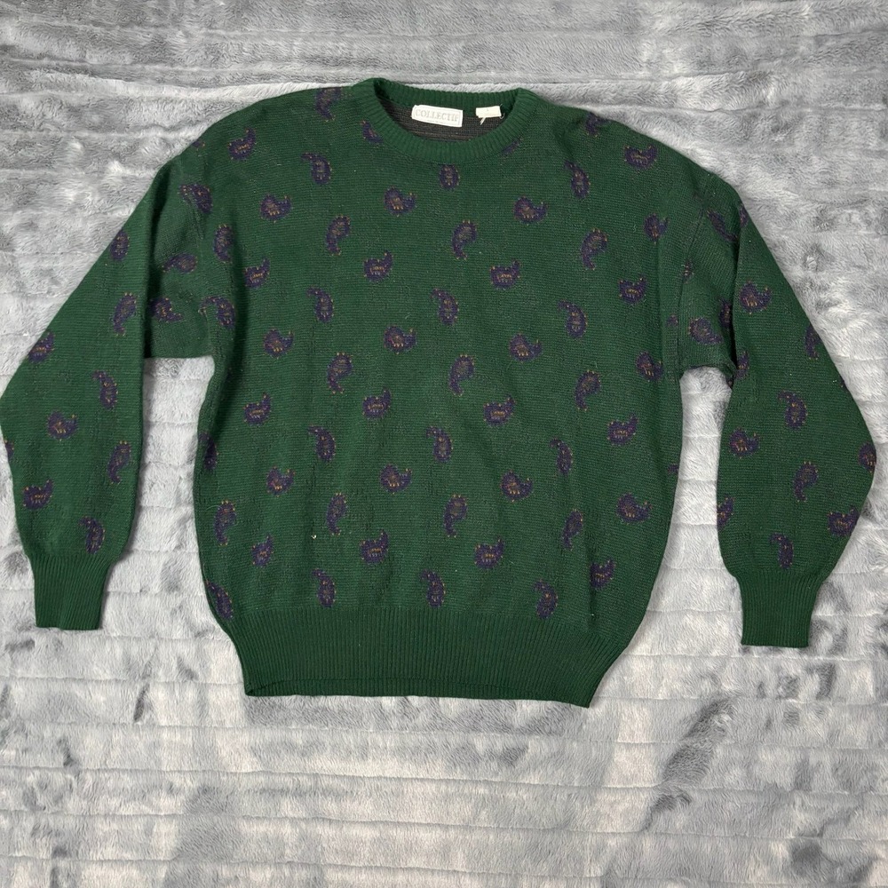 Vintage Collectif Italy Green Paisley Wool Blend Crewneck Sweater Mens Large